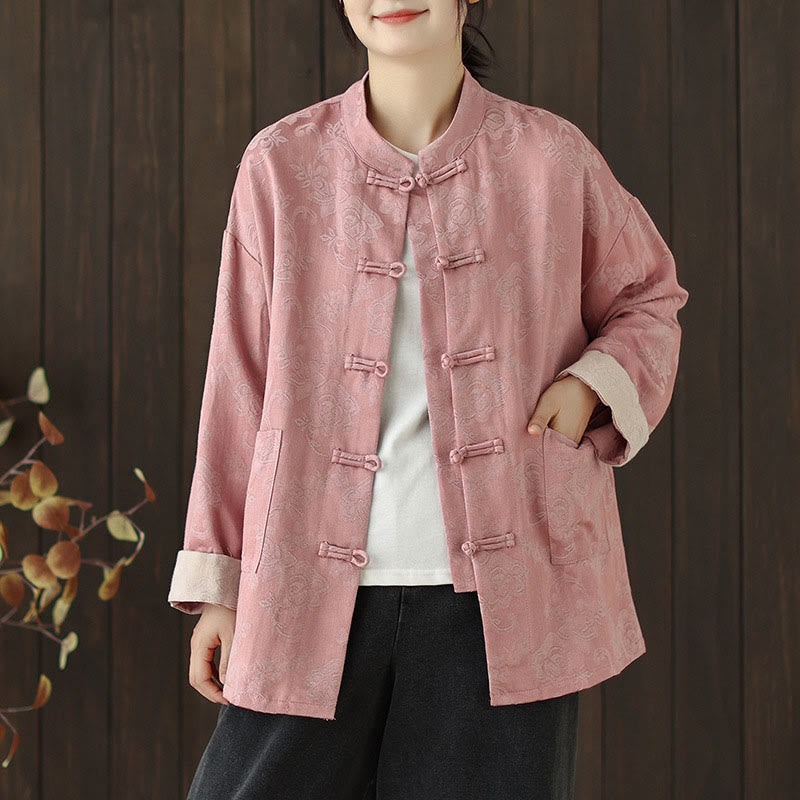 Chemise en coton à manches longues pour femme, imprimé floral automnal Buddha Stones, col montant à boutons brandebourg - Rose - US8-10，UK/AU12-14，EU40-42 (2XL) - image 0