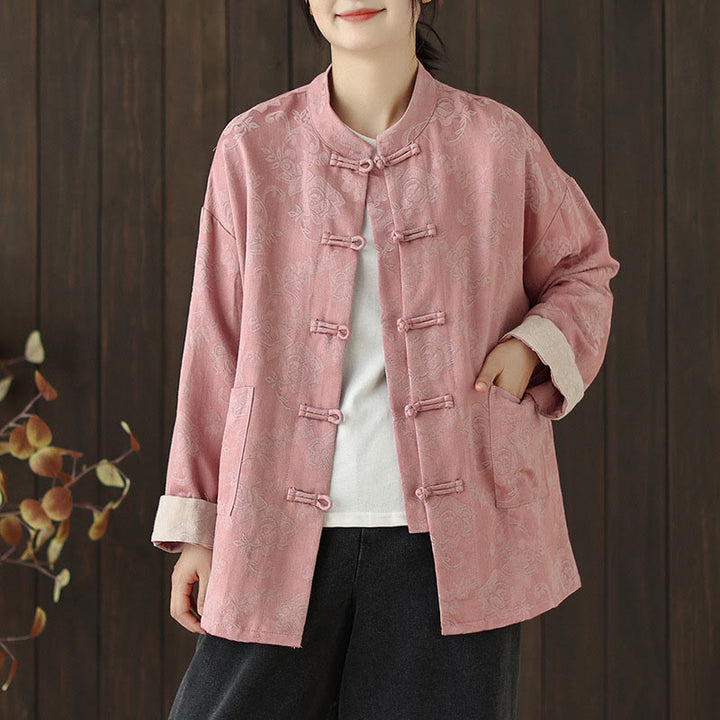 Chemise en coton à manches longues pour femme, imprimé floral automnal Buddha Stones, col montant à boutons brandebourg - Rose - US8-10，UK/AU12-14，EU40-42 (2XL) - image 0
