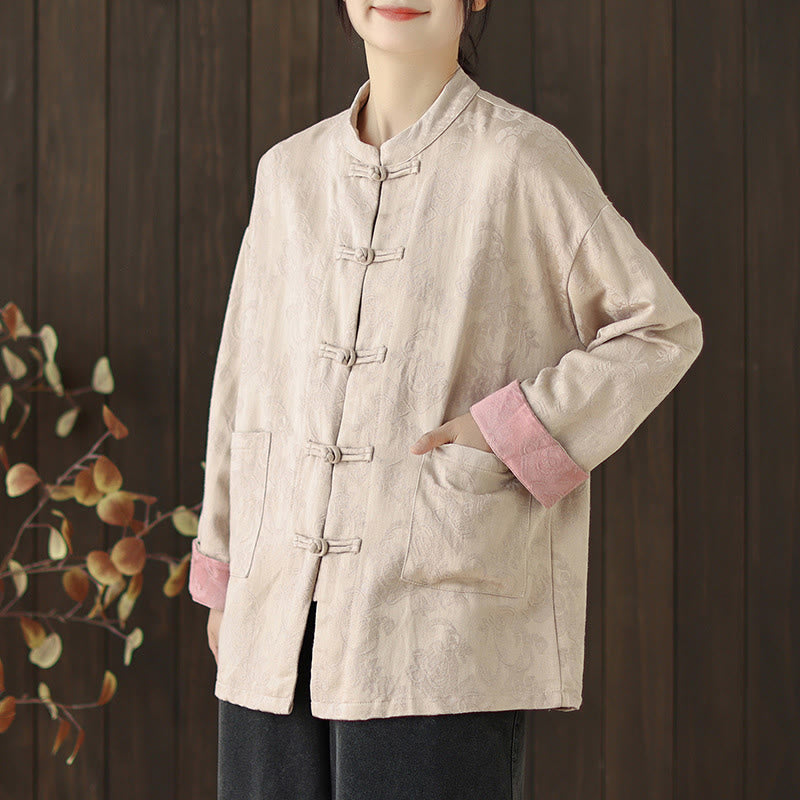 Chemise en coton à manches longues pour femme, imprimé floral automnal Buddha Stones, col montant à boutons brandebourg - Beige - US8-10，UK/AU12-14，EU40-42 (2XL) - image 14