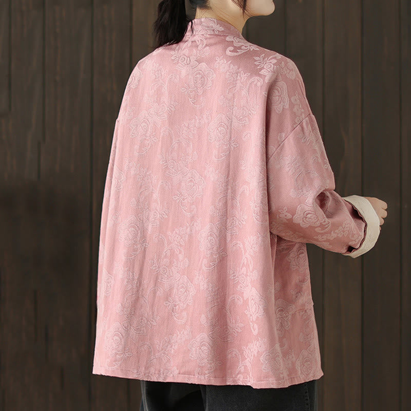 Chemise en coton à manches longues pour femme, imprimé floral automnal Buddha Stones, col montant à boutons brandebourg - image 4