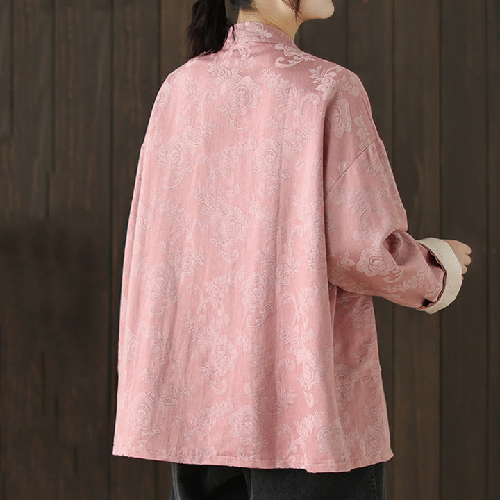 Chemise en coton à manches longues pour femme, imprimé floral automnal Buddha Stones, col montant à boutons brandebourg - image 4