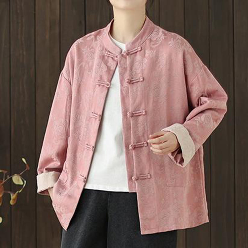 Chemise en coton à manches longues pour femme, imprimé floral automnal Buddha Stones, col montant à boutons brandebourg - image 3