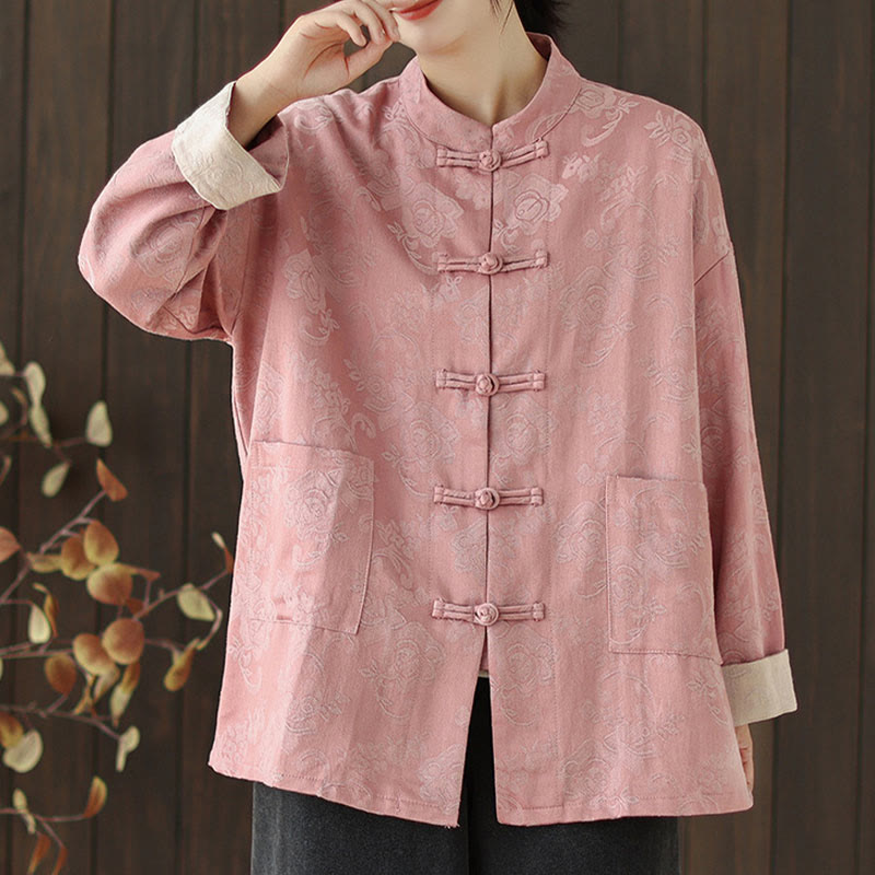 Chemise en coton à manches longues pour femme, imprimé floral automnal Buddha Stones, col montant à boutons brandebourg - image 1