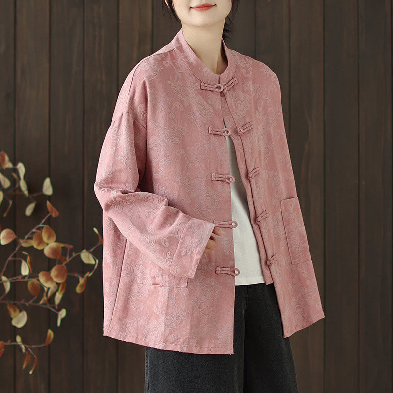 Chemise en coton à manches longues pour femme, imprimé floral automnal Buddha Stones, col montant à boutons brandebourg - image 2