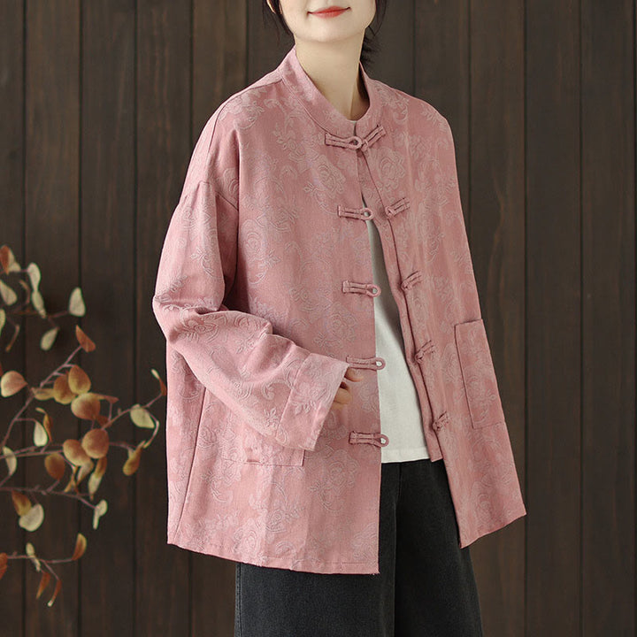 Chemise en coton à manches longues pour femme, imprimé floral automnal Buddha Stones, col montant à boutons brandebourg - image 2