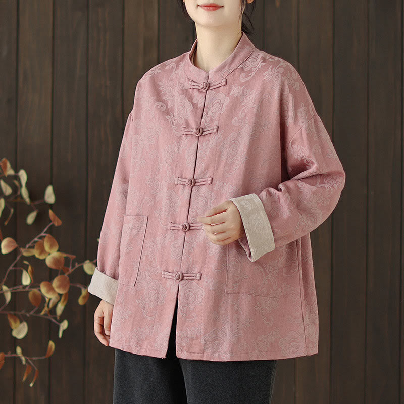 Chemise en coton à manches longues pour femme, imprimé floral automnal Buddha Stones, col montant à boutons brandebourg - image 5