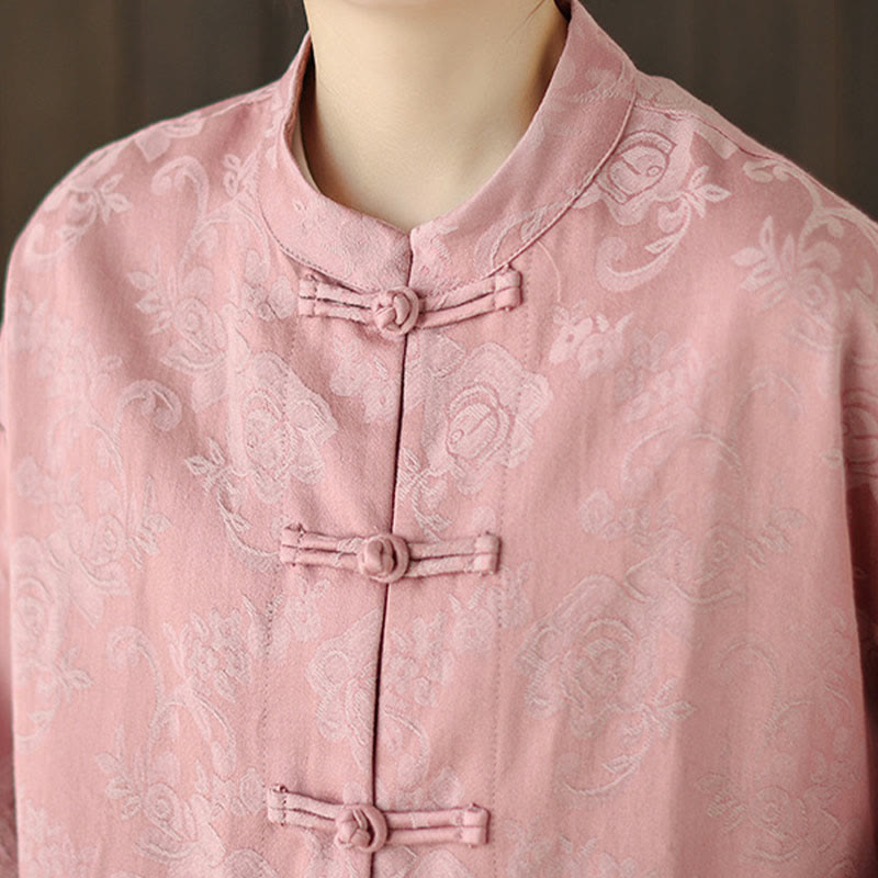 Chemise en coton à manches longues pour femme, imprimé floral automnal Buddha Stones, col montant à boutons brandebourg - image 6
