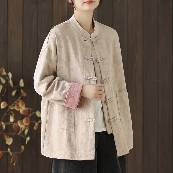 Chemise en coton à manches longues pour femme, imprimé floral automnal Buddha Stones, col montant à boutons brandebourg - image 15