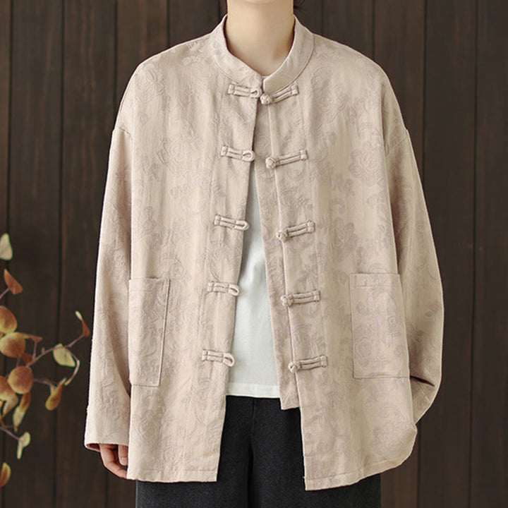 Chemise en coton à manches longues pour femme, imprimé floral automnal Buddha Stones, col montant à boutons brandebourg - image 17