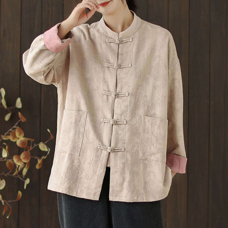 Chemise en coton à manches longues pour femme, imprimé floral automnal Buddha Stones, col montant à boutons brandebourg - image 19