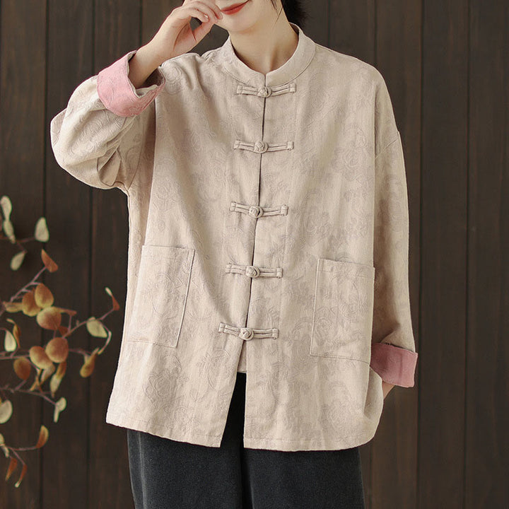 Chemise en coton à manches longues pour femme, imprimé floral automnal Buddha Stones, col montant à boutons brandebourg - image 19