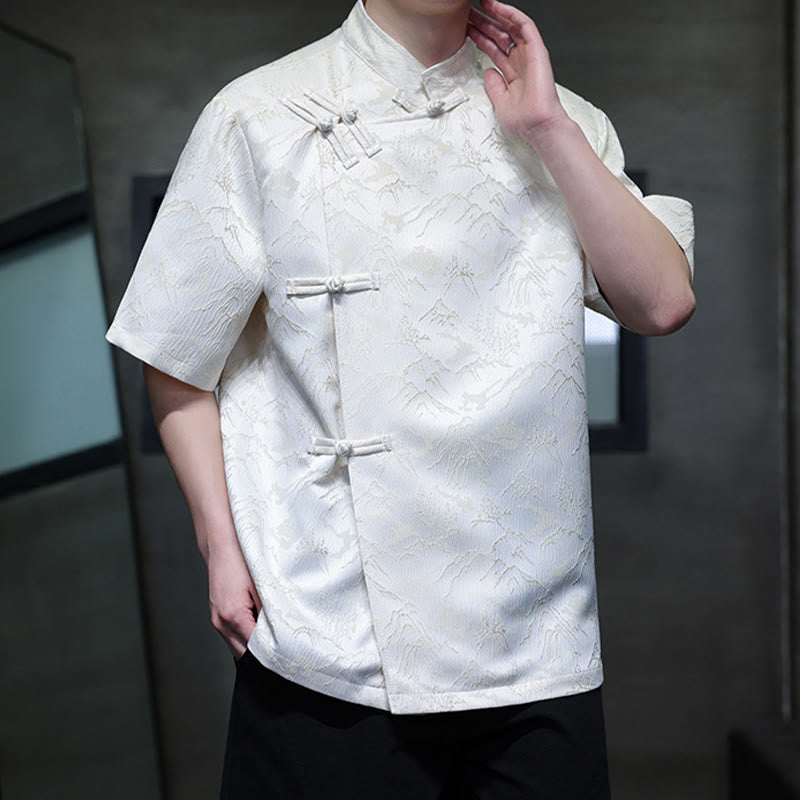 Chemise homme à manches courtes en coton jacquard à motif de montagnes d'été Buddha Stones et boutons grenouille chinois - image 1