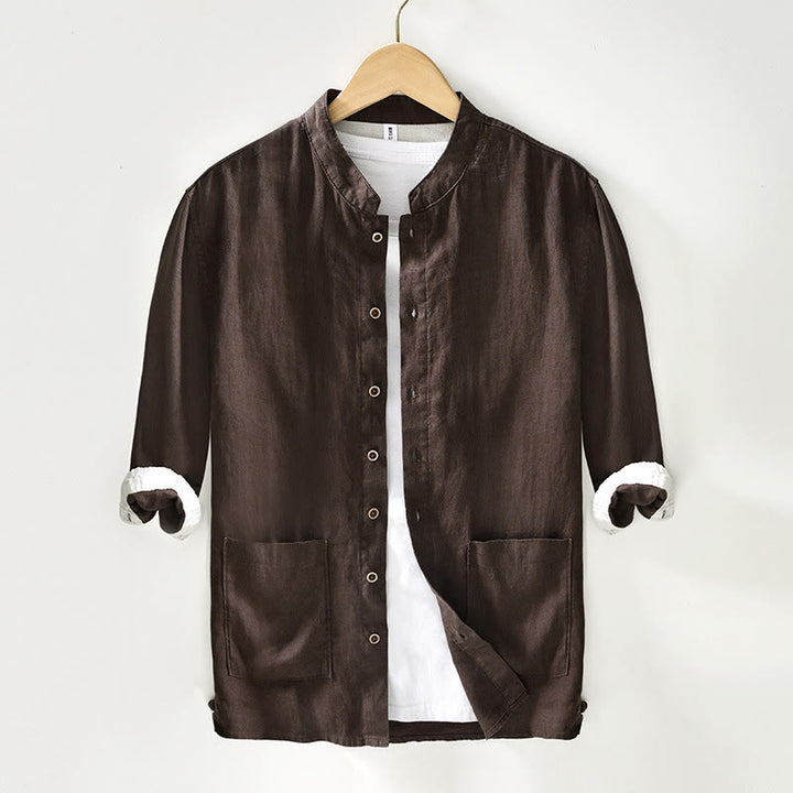 Chemise homme en lin, couleur unie, à boutons, col montant, manches trois-quarts, avec poches , Buddha Stones, automne - Terre de sienne - US/UK/AU42，EU52 (3XL) - image 17
