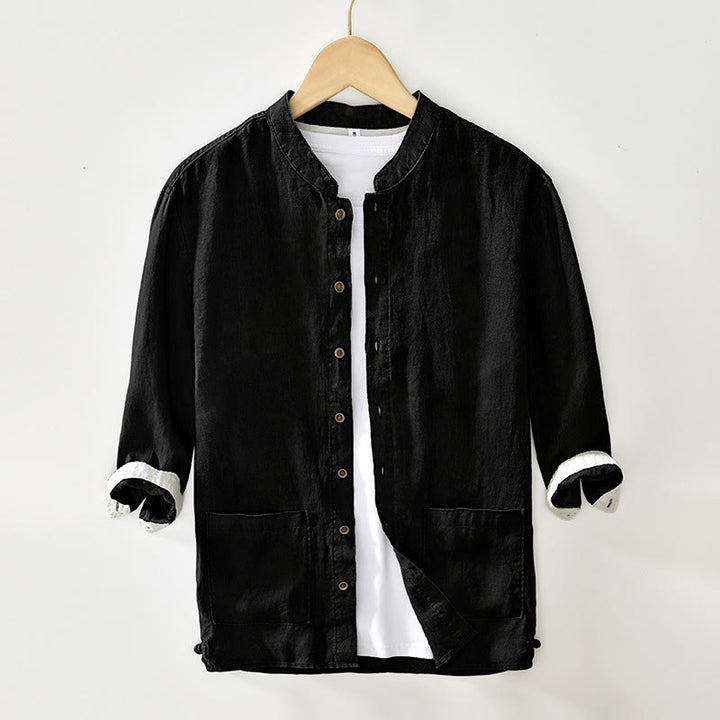 Chemise homme en lin, couleur unie, à boutons, col montant, manches trois-quarts, avec poches , Buddha Stones, automne - Noir - US/UK/AU42，EU52 (3XL) - image 10