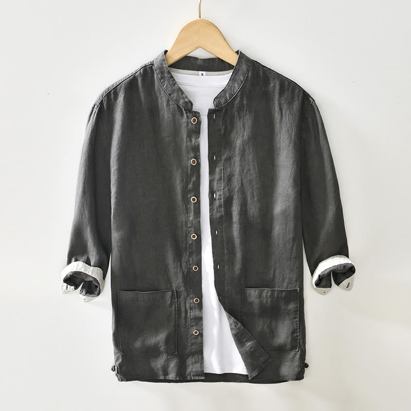 Chemise homme en lin, couleur unie, à boutons, col montant, manches trois-quarts, avec poches , Buddha Stones, automne - Gris foncé - US/UK/AU42，EU52 (3XL) - image 0