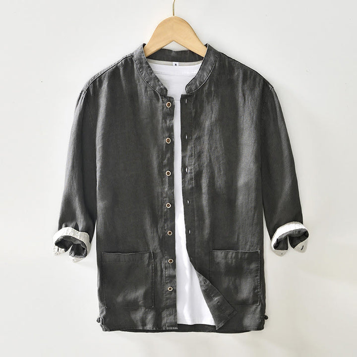 Chemise homme en lin, couleur unie, à boutons, col montant, manches trois-quarts, avec poches , Buddha Stones, automne - Gris foncé - US/UK/AU42，EU52 (3XL) - image 0