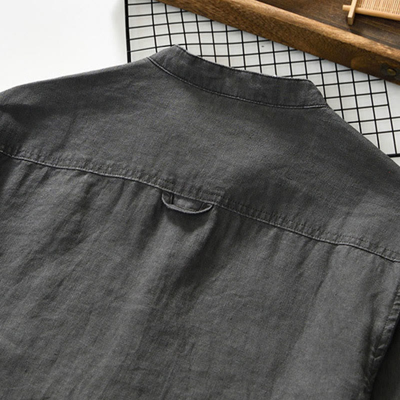 Chemise homme en lin, couleur unie, à boutons, col montant, manches trois-quarts, avec poches , Buddha Stones, automne - image 4