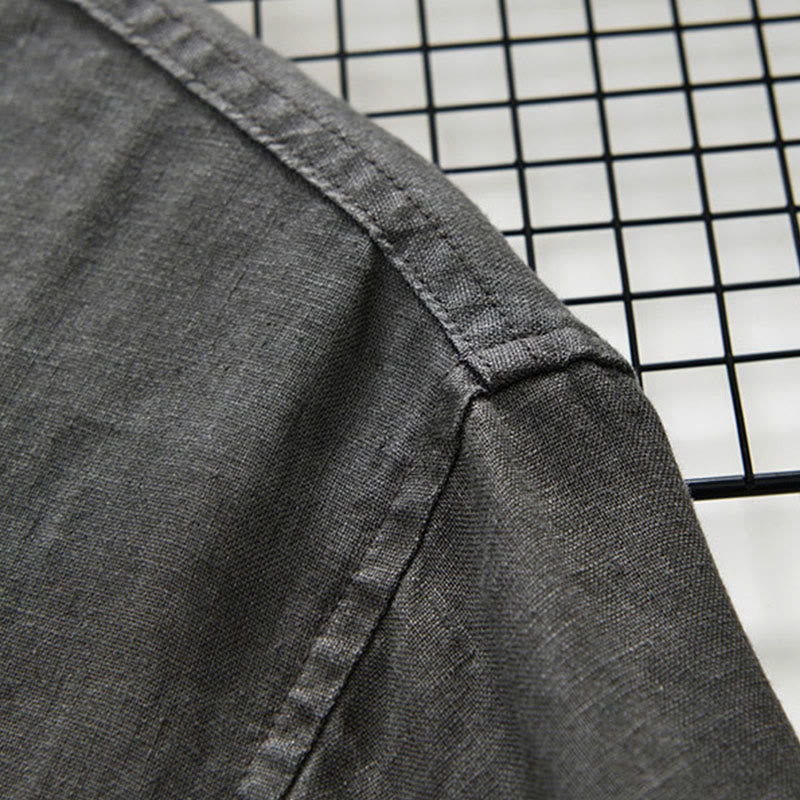 Chemise homme en lin, couleur unie, à boutons, col montant, manches trois-quarts, avec poches , Buddha Stones, automne - image 5