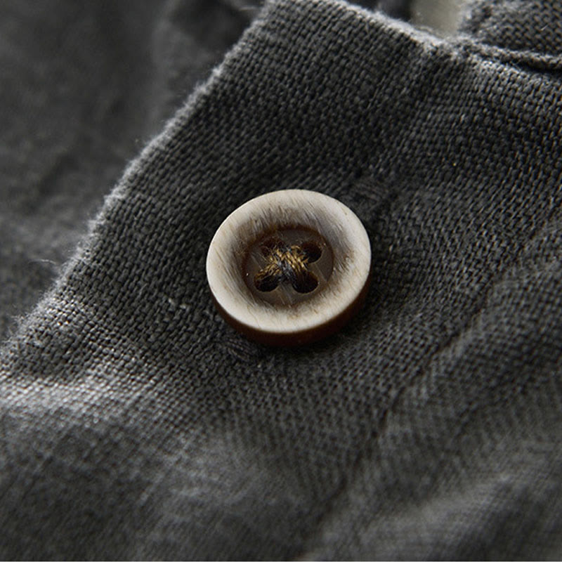 Chemise homme en lin, couleur unie, à boutons, col montant, manches trois-quarts, avec poches , Buddha Stones, automne - image 6