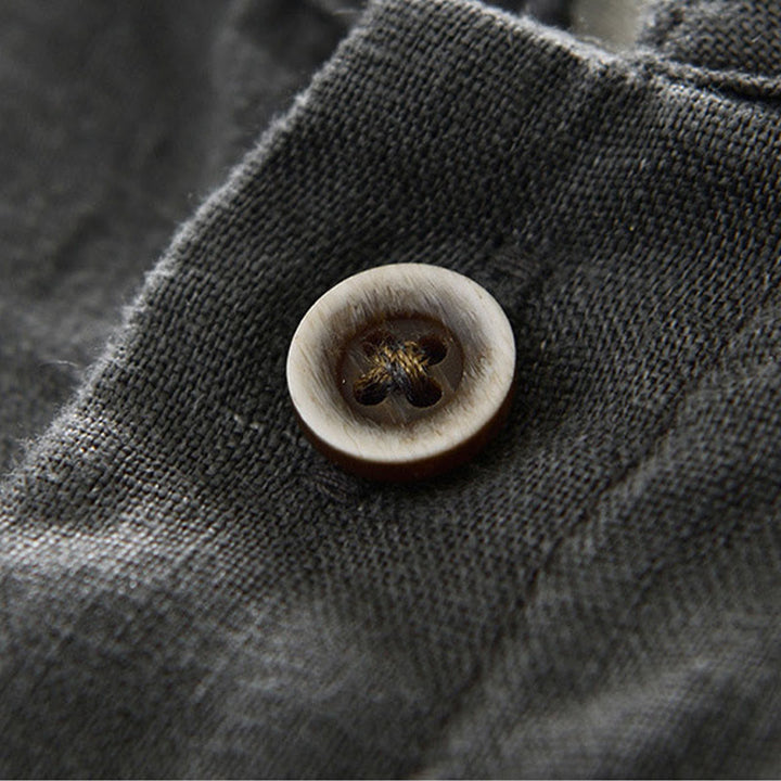 Chemise homme en lin, couleur unie, à boutons, col montant, manches trois-quarts, avec poches , Buddha Stones, automne - image 6