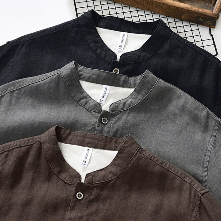 Chemise homme en lin, couleur unie, à boutons, col montant, manches trois-quarts, avec poches , Buddha Stones, automne - image 24