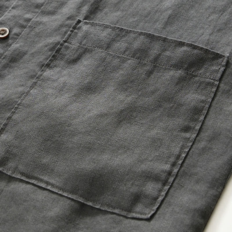 Chemise homme en lin, couleur unie, à boutons, col montant, manches trois-quarts, avec poches , Buddha Stones, automne - image 7