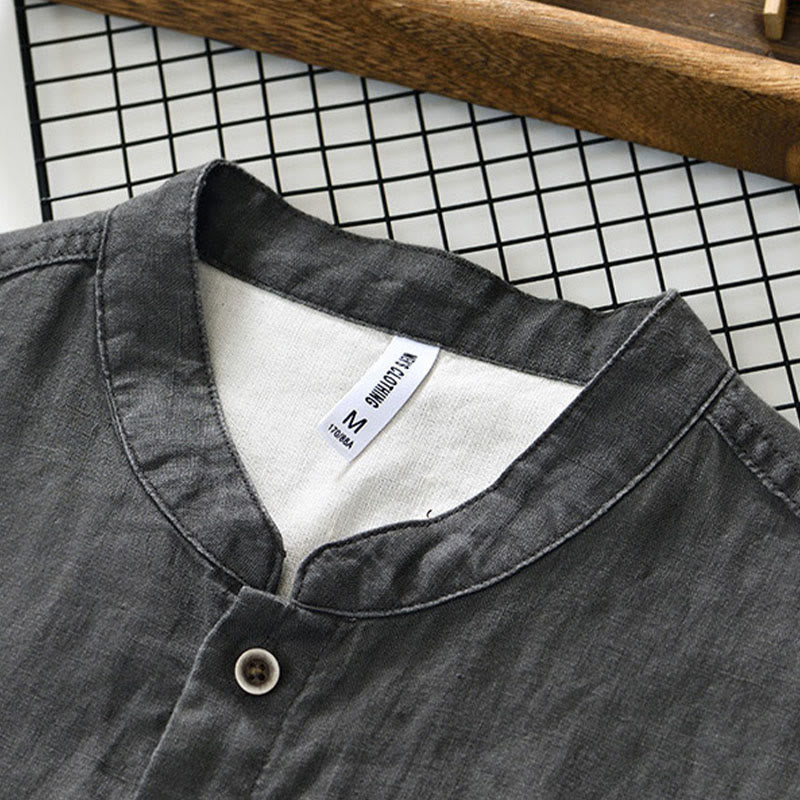 Chemise homme en lin, couleur unie, à boutons, col montant, manches trois-quarts, avec poches , Buddha Stones, automne - image 3