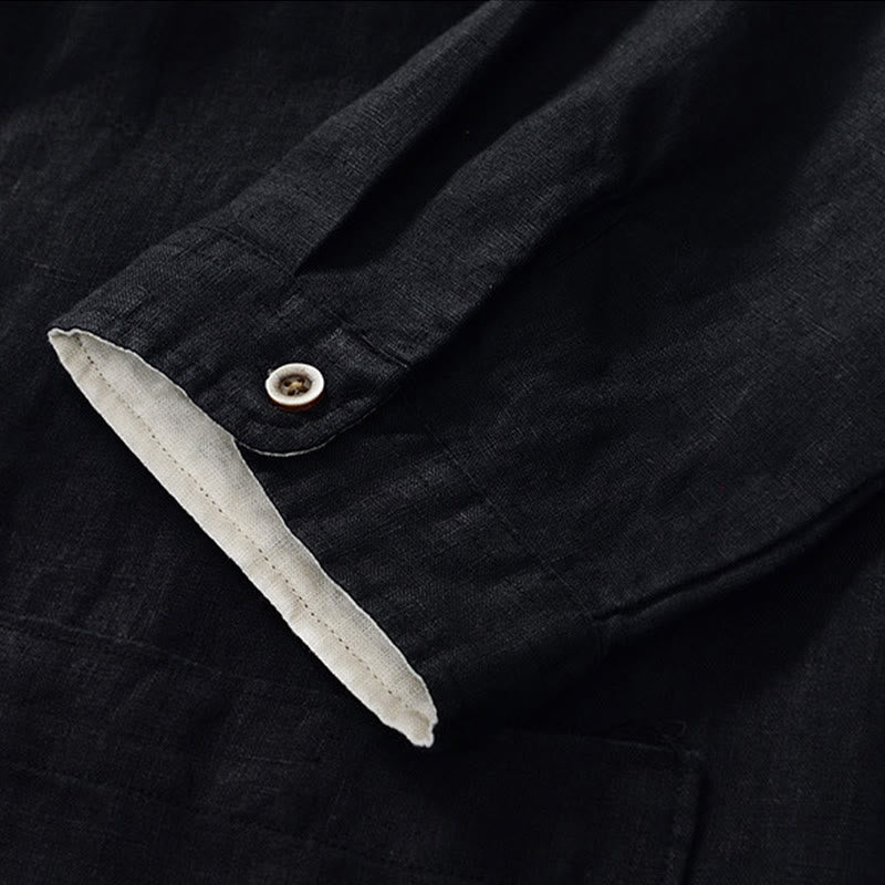 Chemise homme en lin, couleur unie, à boutons, col montant, manches trois-quarts, avec poches , Buddha Stones, automne - image 14