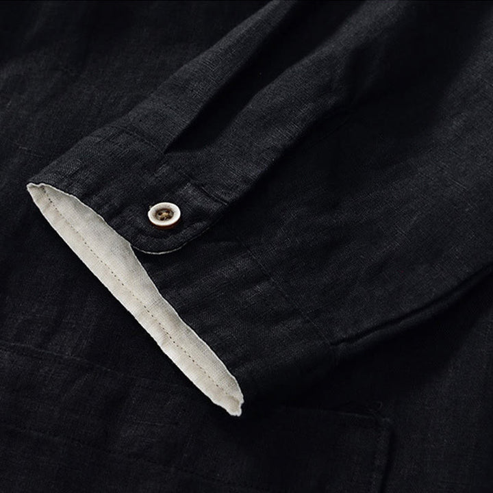 Chemise homme en lin, couleur unie, à boutons, col montant, manches trois-quarts, avec poches , Buddha Stones, automne - image 14