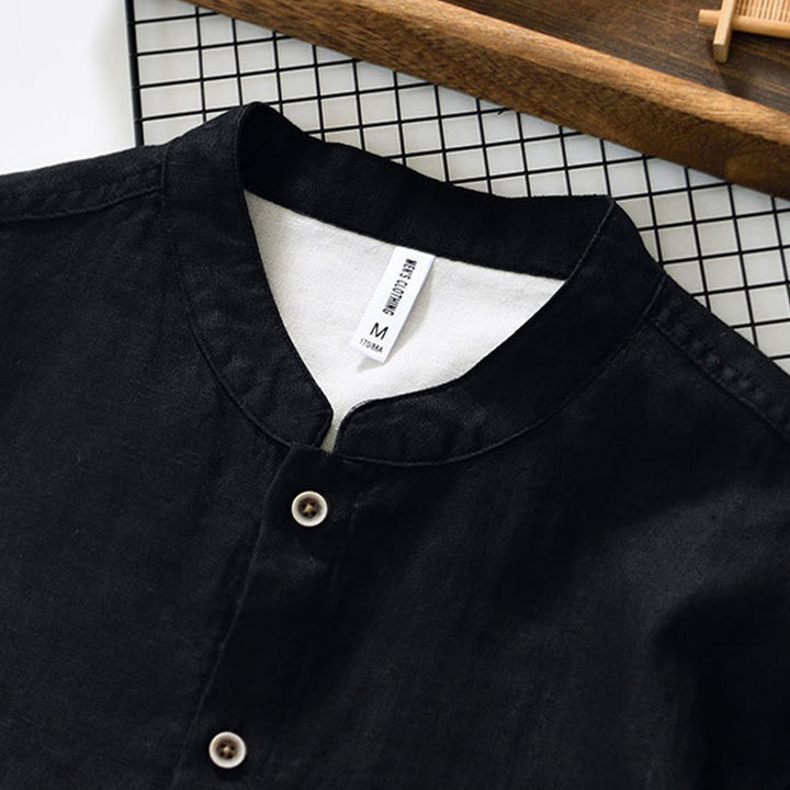 Chemise homme en lin, couleur unie, à boutons, col montant, manches trois-quarts, avec poches , Buddha Stones, automne - image 11