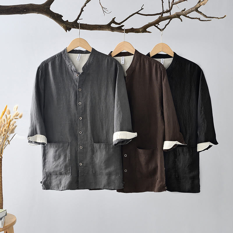 Chemise homme en lin, couleur unie, à boutons, col montant, manches trois-quarts, avec poches , Buddha Stones, automne - image 1
