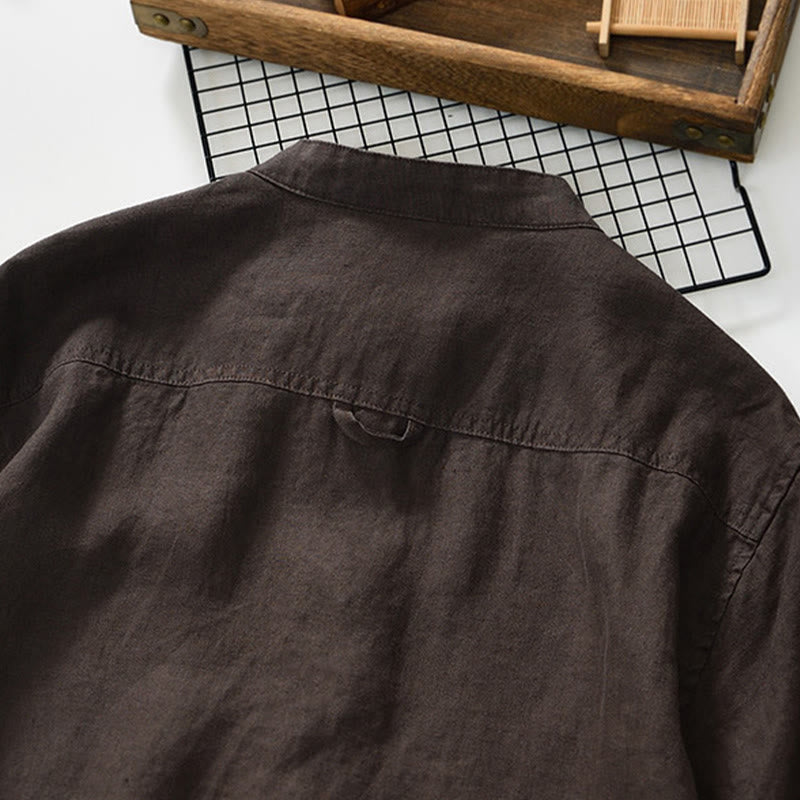 Chemise homme en lin, couleur unie, à boutons, col montant, manches trois-quarts, avec poches , Buddha Stones, automne - image 19