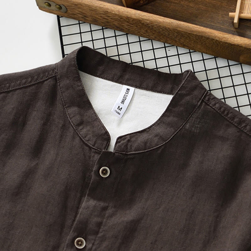Chemise homme en lin, couleur unie, à boutons, col montant, manches trois-quarts, avec poches , Buddha Stones, automne - image 18