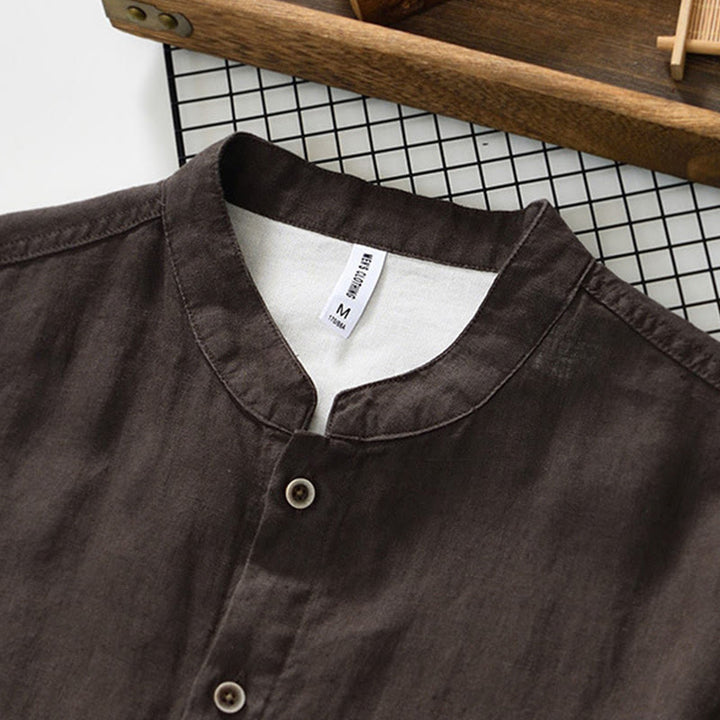 Chemise homme en lin, couleur unie, à boutons, col montant, manches trois-quarts, avec poches , Buddha Stones, automne - image 18