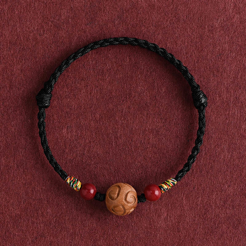 Bracelet porte-bonheur en corde de bois de pêcher naturel sculpté dans des Buddha Stones , orné d'un motif de bon augure - Cordon noir (Tour de poignet : 13-18 cm) - image 13