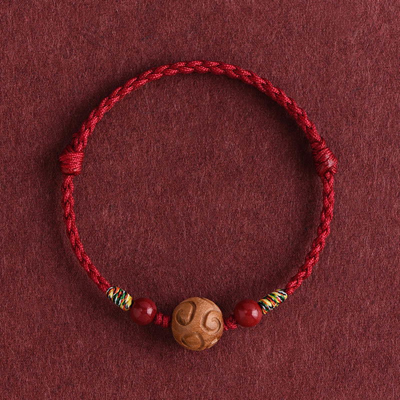 Bracelet porte-bonheur en corde de bois de pêcher naturel sculpté dans des Buddha Stones , orné d'un motif de bon augure - Cordon rouge foncé (Tour de poignet : 13-18 cm) - image 9