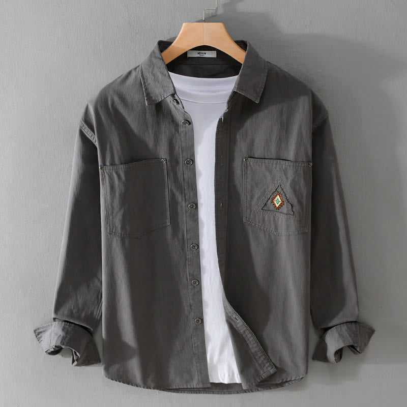 Chemise homme en coton à manches longues, ornée de Buddha Stones, de triangles et de losanges décoratifs, avec poches et boutons. Col montant. - Gris - US/UK/AU42，EU52 (3XL) - image 0