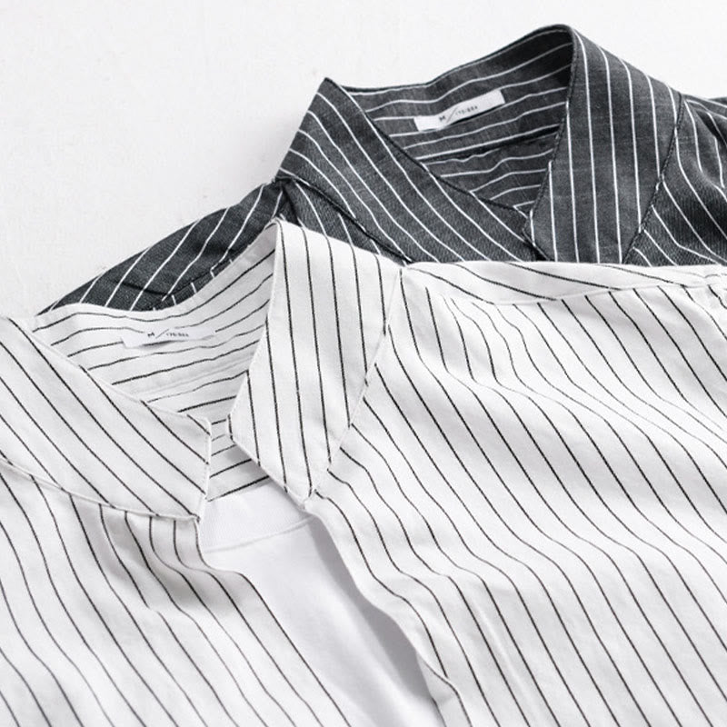 Chemise en coton à rayures 2 en 1 Buddha Stones Automne, col montant, manches longues - image 17