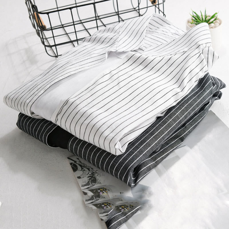 Chemise en coton à rayures 2 en 1 Buddha Stones Automne, col montant, manches longues - image 16