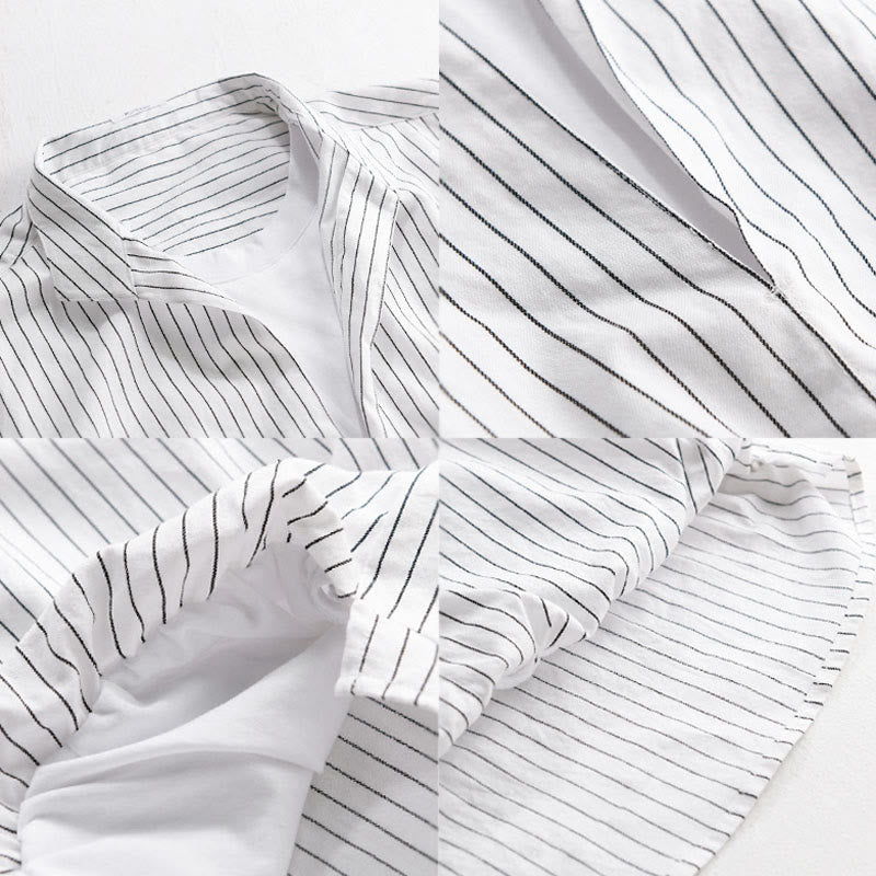 Chemise en coton à rayures 2 en 1 Buddha Stones Automne, col montant, manches longues - image 3