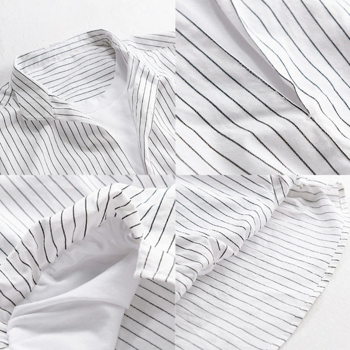 Chemise en coton à rayures 2 en 1 Buddha Stones Automne, col montant, manches longues - image 3