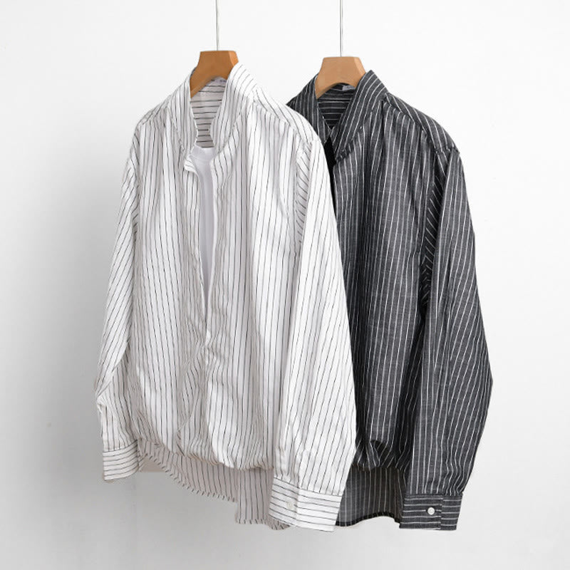 Chemise en coton à rayures 2 en 1 Buddha Stones Automne, col montant, manches longues - image 15