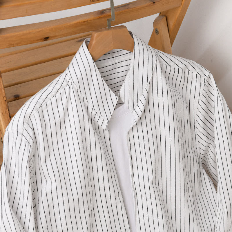 Chemise en coton à rayures 2 en 1 Buddha Stones Automne, col montant, manches longues - image 2