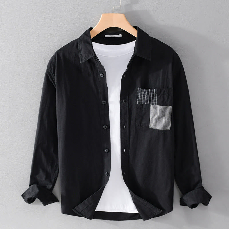 Chemise homme en coton à manches longues, col montant, manches courtes, Buddha Stones, blocs de couleurs automnaux, poches décoratives, boutons décoratifs. - Noir - US/UK/AU42，EU52 (3XL) - image 4