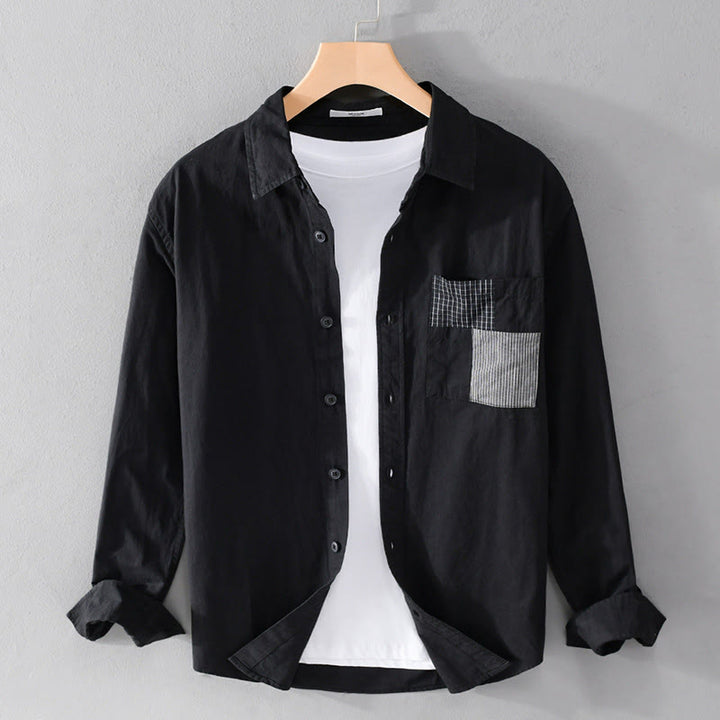 Chemise homme en coton à manches longues, col montant, manches courtes, Buddha Stones, blocs de couleurs automnaux, poches décoratives, boutons décoratifs. - Noir - US/UK/AU42，EU52 (3XL) - image 4