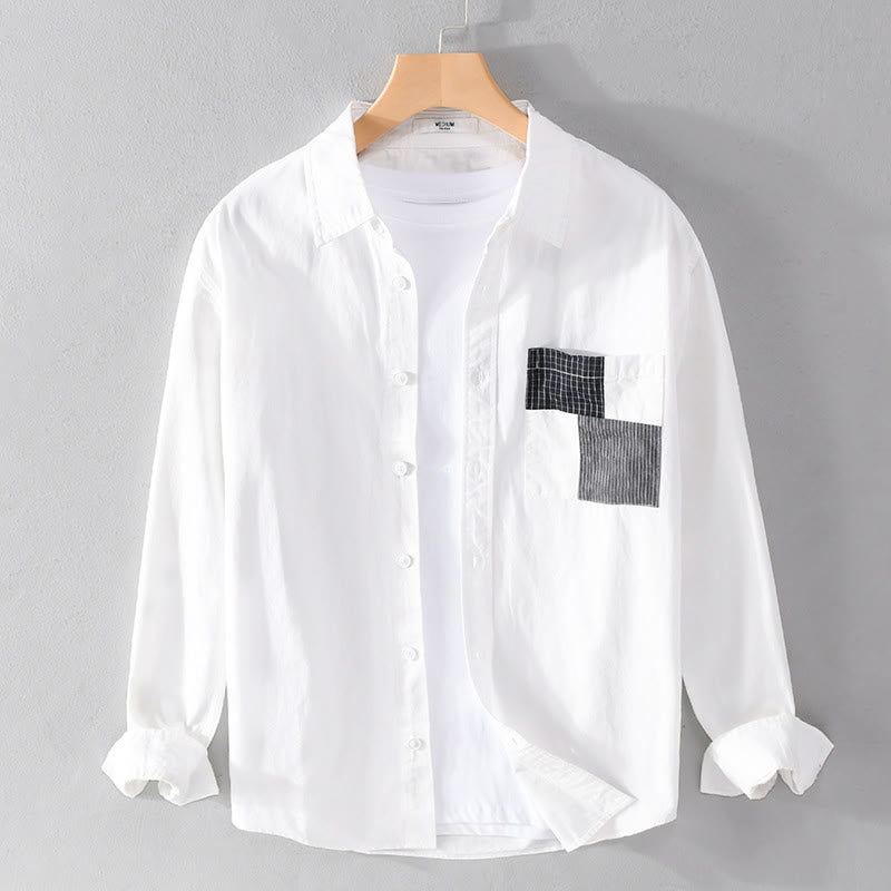 Chemise homme en coton à manches longues, col montant, manches courtes, Buddha Stones, blocs de couleurs automnaux, poches décoratives, boutons décoratifs. - Blanc - US/UK/AU42，EU52 (3XL) - image 8