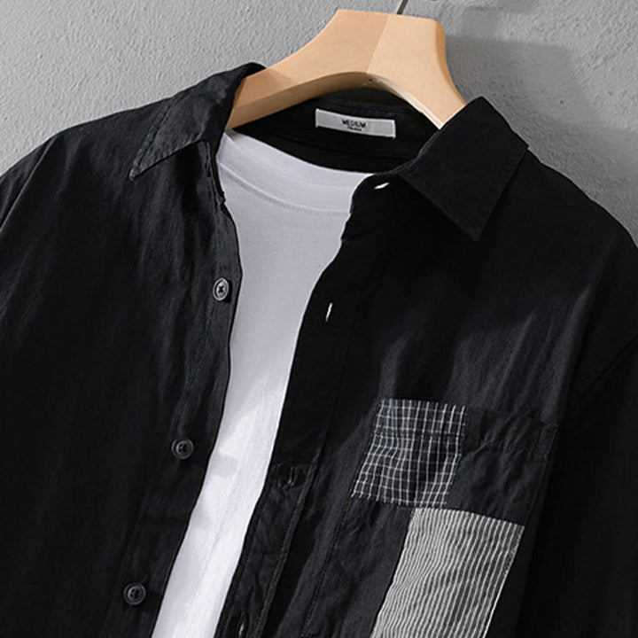 Chemise homme en coton à manches longues, col montant, manches courtes, Buddha Stones, blocs de couleurs automnaux, poches décoratives, boutons décoratifs. - image 5