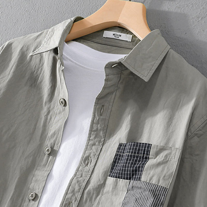 Chemise homme en coton à manches longues, col montant, manches courtes, Buddha Stones, blocs de couleurs automnaux, poches décoratives, boutons décoratifs. - image 1