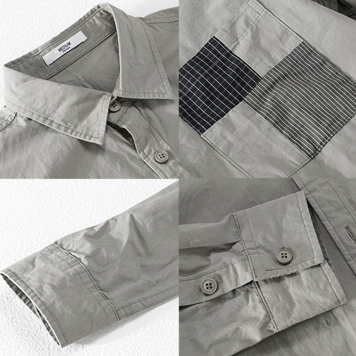 Chemise homme en coton à manches longues, col montant, manches courtes, Buddha Stones, blocs de couleurs automnaux, poches décoratives, boutons décoratifs. - image 3