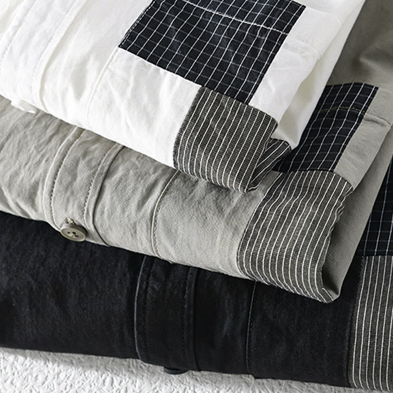 Chemise homme en coton à manches longues, col montant, manches courtes, Buddha Stones, blocs de couleurs automnaux, poches décoratives, boutons décoratifs. - image 17